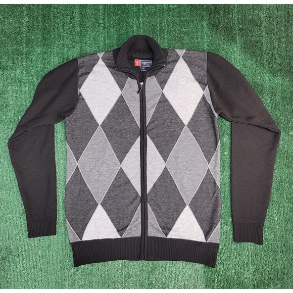 Cambridge Classic Argyle Preppy Black Gray Full Zip Light Sweater Men’s XL - Picture 2 of 8